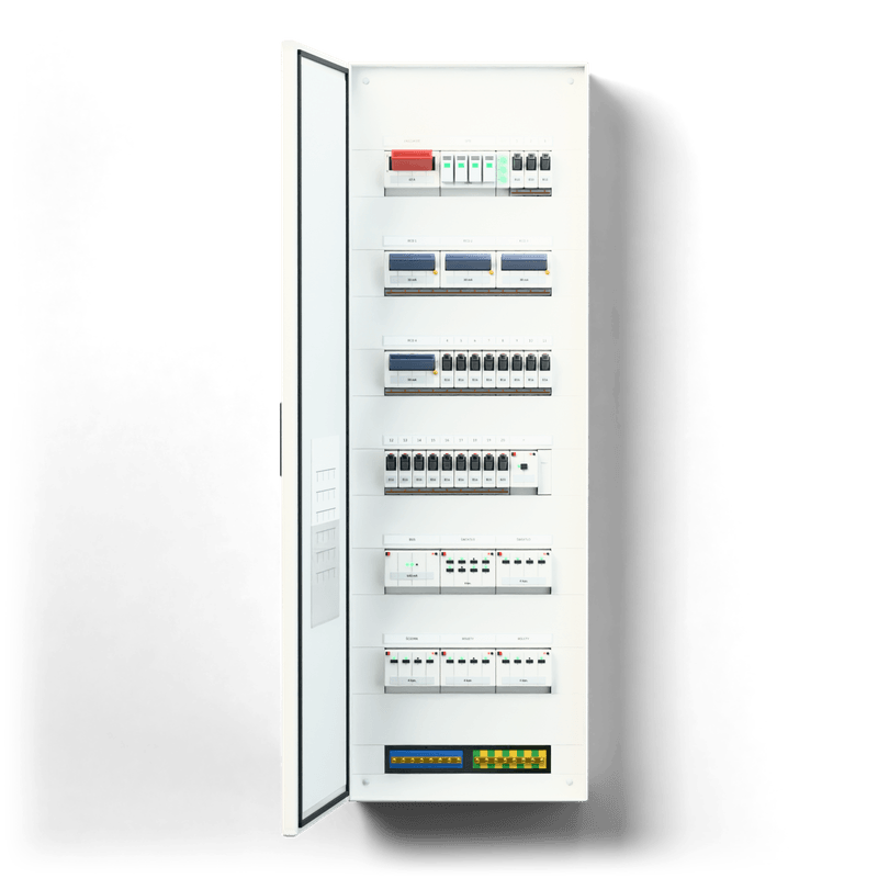 Rozdzielnica XL z KNX Start — wizualizacja 3D, generyczne moduły KNX z diodami kanałów