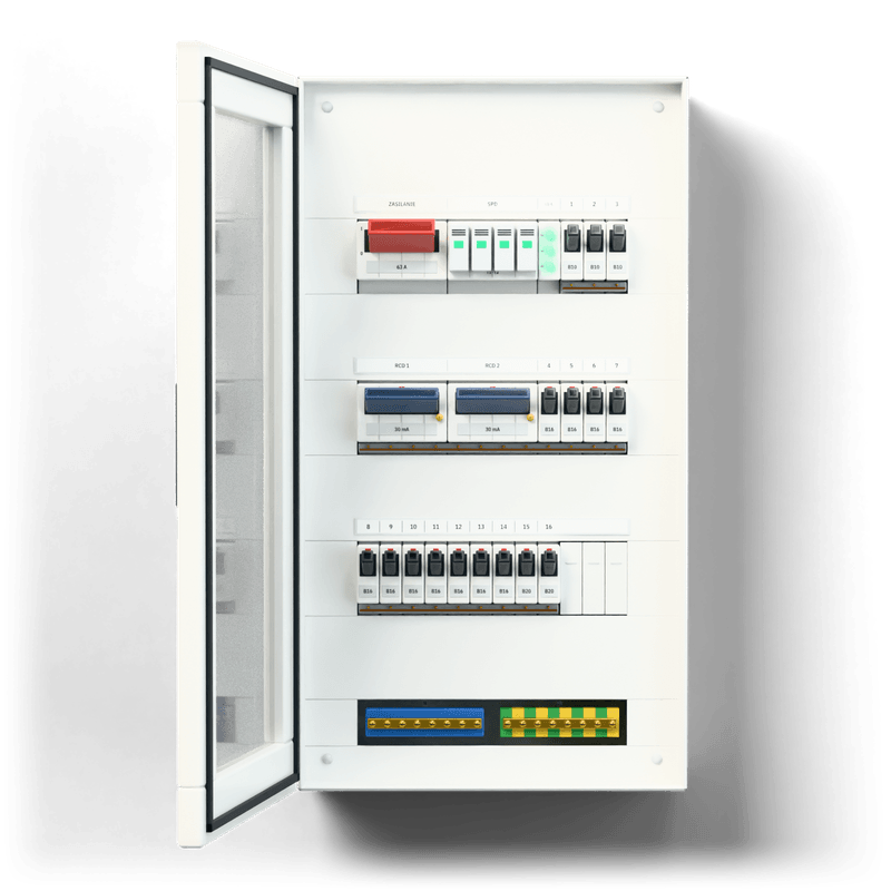 Consumer unit M · Standard · door: tinted glass — 3D visualisation, door open, front view of the devices, tinted glass door