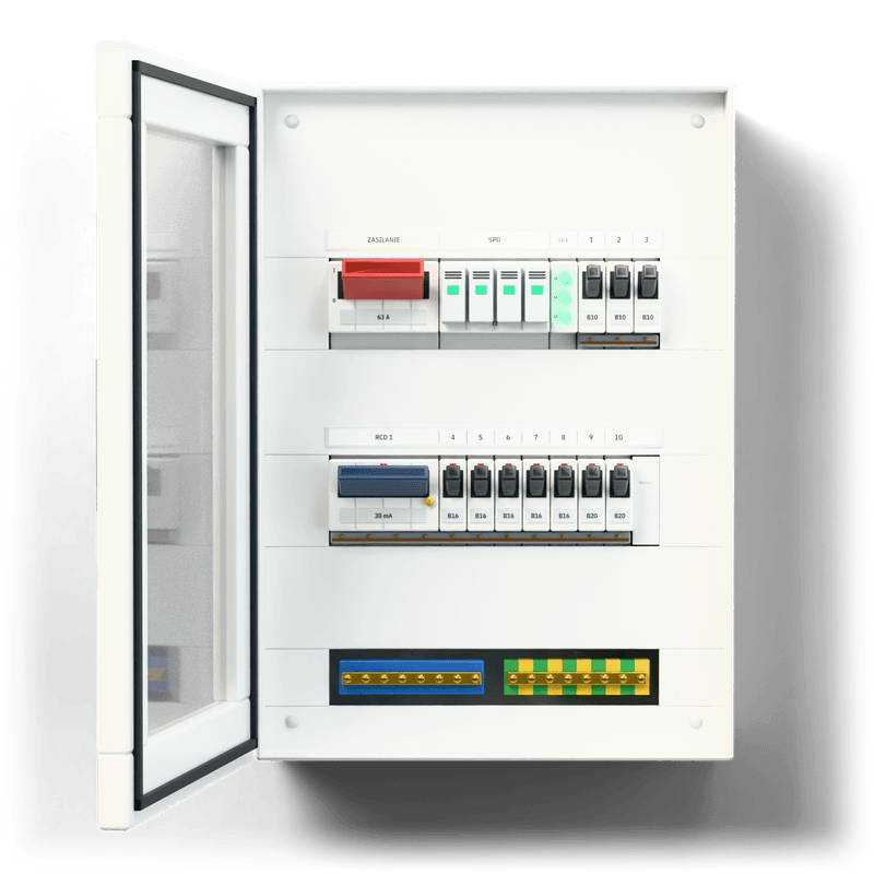 Consumer unit S · Standard · door: tinted glass — 3D visualisation, door open, front view of the devices, tinted glass door